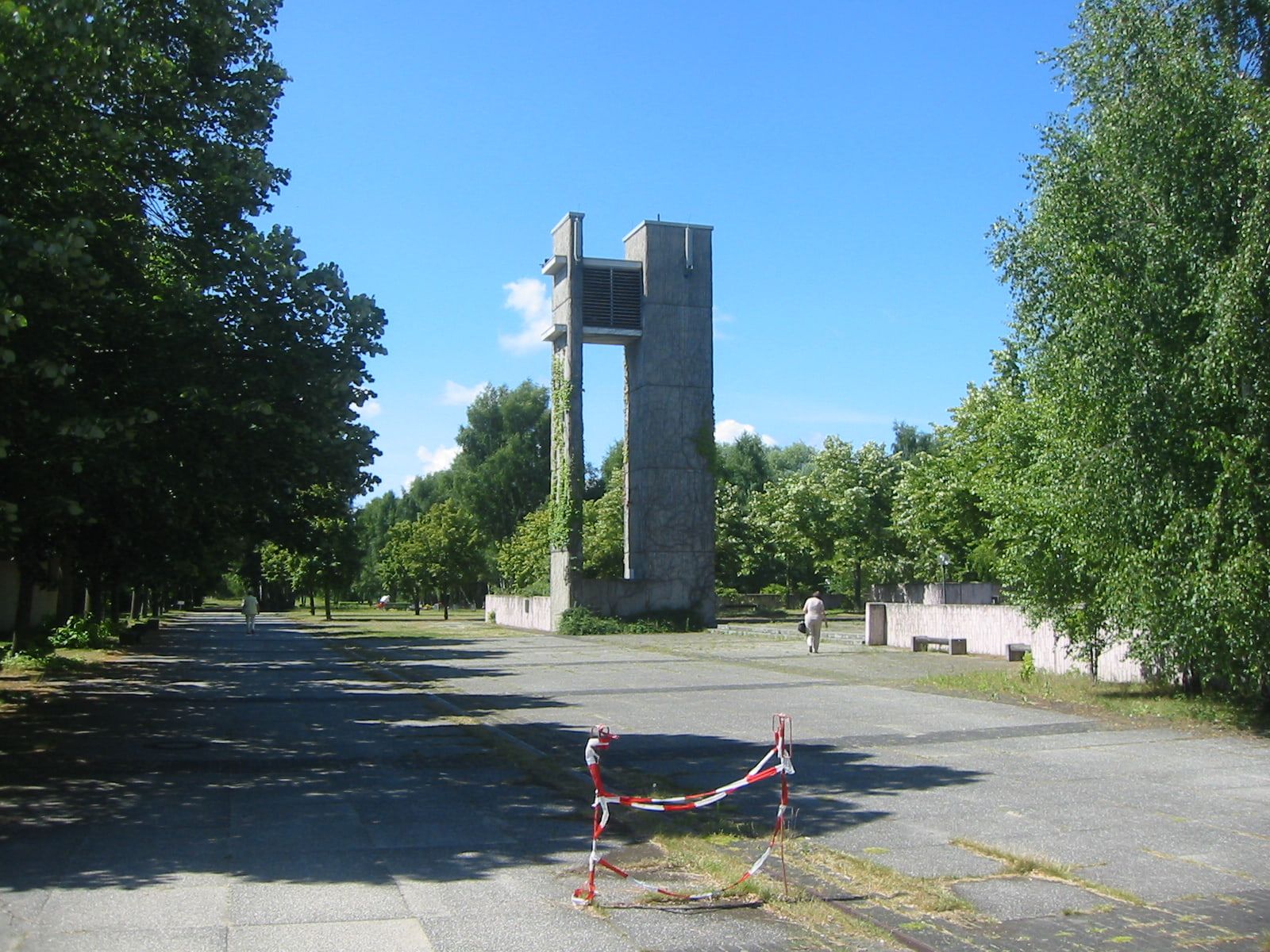 View from the entrance towards the freestanding bell tower at Gatow Landscape Cemetery